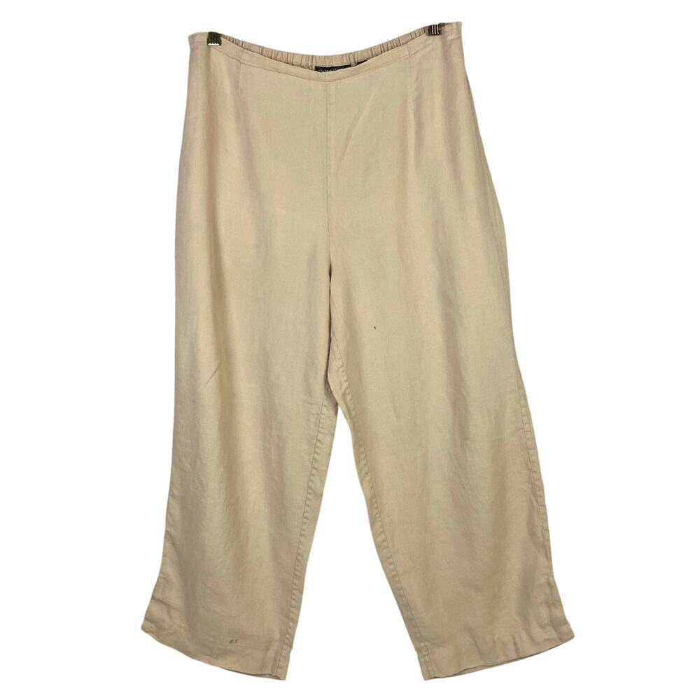 Valerie Stevens Pants Women PL Tan 100% Linen Cropped Elastic Waist Summer Cool